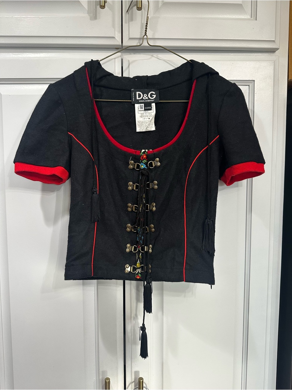 Dolce & Gabbana Black and Red Short Sleeve Corset-Style Top RARE 2002 circa